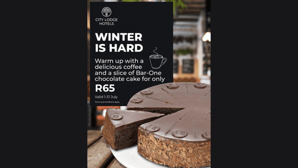 Treat yourself to chocolate cake and coffee for only R65